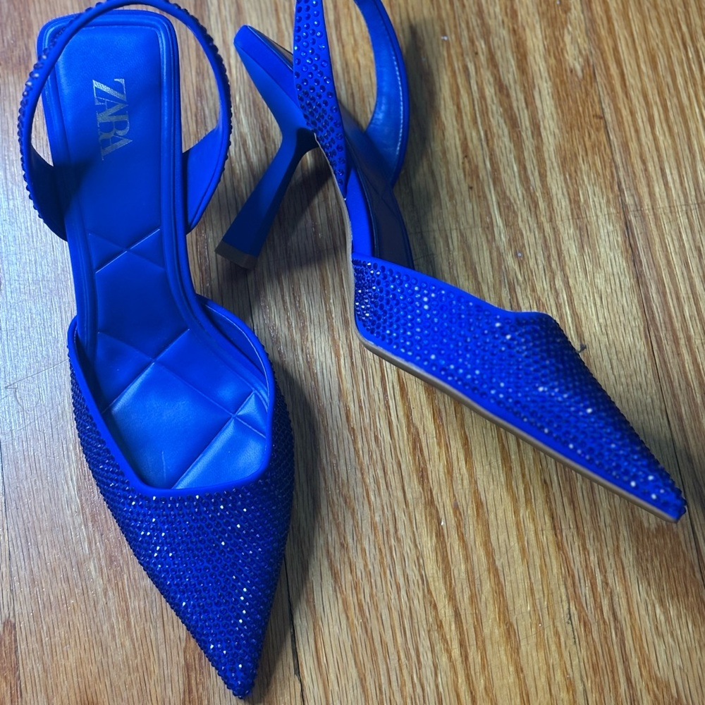 ZARA Royal Blue Rhinestone Slingback Heels – Statement Shoes ✨ WORN ONCE - Picture 2 of 6